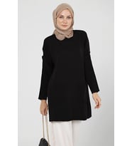 Kadın Çift Cepli Tesettür Uzun Tesettür Triko Tunik 4305 (Siyah)