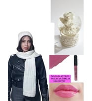 Edwol Kadın Atkı Bere Seti  Ekru Sevgililer Günü Özel Hediye Seti Lip Gloss Ruj ve Kar Küresi Hediyeli (Pembe)