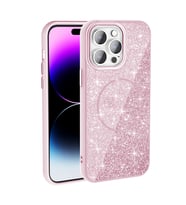 iPhone 14 Pro Max Kılıf Magsafe Şarj Özellikli Parlayan Simli Okso Kılıf (Pembe)