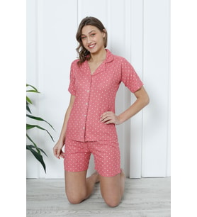 Mirano 1201 Pegasus Kumaş Düğmeli Şortlu Likralı Kadın Pijama Takımı (Gül Kurusu)