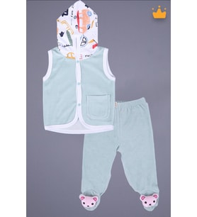 Babyhola Kadife Yelek Patikli Pantolon Unisex Bebek 2'li Set Yeşil (Mavi)