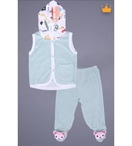 Babyhola Kadife Yelek Patikli Pantolon Unisex Bebek 2'li Set Yeşil (Mavi)