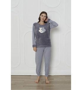 Fawn 3011 Peluş Welsoft Polar Kışlık Kadın Ev Kedi İşlemli Pijama Takımı  (Gri)