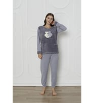 Fawn 3011 Peluş Welsoft Polar Kışlık Kadın Ev Kedi İşlemli Pijama Takımı  (Gri)
