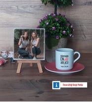 Ablaya Hediye Fotoğraflı Dekoratif Taş, Ahşap Altlıklı Türk Kahvesi Fincanı Hediye (Model 6)