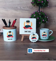 Erkek Polis Hediye Seti Dekoratif Taş, Kalemlik, Ahşap Altlıklı Türk Kahvesi Fincanı, Ahşap Anahtarlık Hediye (Model 9)