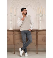 Woolen World Polo Yaka Armürlü Yünlü Erkek Triko Kazak (Krem)