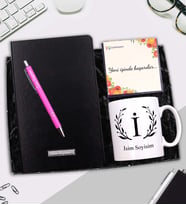Kişiye Özel Kupa & Siyah Defter &Gümüş Renk Detaylı Tükenmez Kalem Hediye Seti (Pembe)
