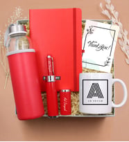 Kişiye Özel Kutusunda Touch Pen & Özel Deri Kılıflı 500 Ml Su Matarası & Defter & Baskılı Kupa & Mesaj Kartı Hediye Seti (Kırmızı)