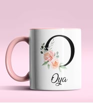 Kişiye Özel O Harfi Temalı Gül Tasarım Siyah Renk Kupa (Pembe)