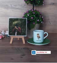 Baykuş Fotoğraflı Dekoratif Taş, Ahşap Altlıklı Türk Kahvesi Fincanı Hediye (Model 9)