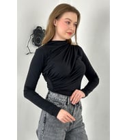 Sendy Kumaş Drapeli Bluz (Siyah)