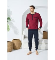 Kly 9246 Erkek Yaka Reçme Düğmeli Pijama Takım (Bordo)
