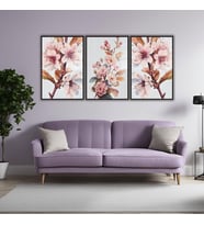 3'lü Metal Çerçeveli Cam Tablo Seti Pastel Pembe Dalında Çiçek (Siyah)
