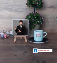 Felsefe Öğretmeni Fotoğraflı Dekoratif Taş, Ahşap Altlıklı Türk Kahvesi Fincanı Hediye (Model 7)