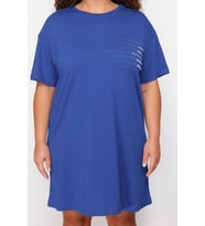 Moda Rahat Günlük Süprem Örme Bisiklet Yaka Kısa Kol T-Shirt Elbise Mini Boy Büyük Beden Elbise (Mavi)