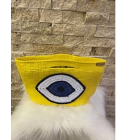 NAZAR BONCUK ÖRME TASARIM EL ÇANTASI GECE ÇANTASI MAKROME ÇANTA 30X38CM (Sarı)