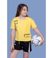 Toontoy Kız Çocuk Cep Detaylı Baskılı Şortlu Takım (Sarı)