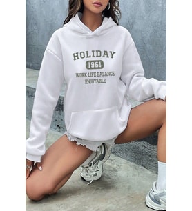 Holiday Baskılı Unisex Oversize Sweatshirt (Beyaz)