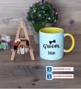 Groom Kupa Bardak Beyaz ve Fotoğraflı Ahşap Anahtarlık Hediye (Model 7)