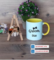 Groom Kupa Bardak Beyaz ve Fotoğraflı Ahşap Anahtarlık Hediye (Model 7)