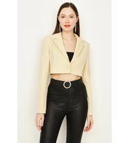 Kadın Tek Düğme Kapamalı Crop Blazer Ceket (Krem)