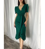 Krep Kumaş Midi Boy Kuşaklı Elbise (Renkli) (Yeşil)
