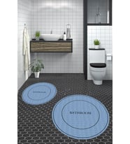 EVDEYA Dijital Baskılı Yıkanabilir Sade Bathroom Yazılı Yuvarlak Banyo Paspası Klozet Takımı, YKLOZET-4-GRİ, (Mavi)