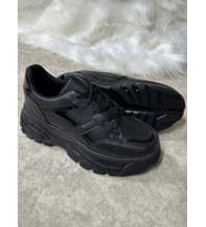 Günlük Kadın Sneaker Yüksek Taban Bağcıklı Tiger Şeritli Spor Ayakkabı 032 (Siyah Cilt)