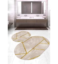 Dijital Baskılı Kaymaz Taban Yıkanabilir Oval 2'li Klozet Takımı Banyo Paspası NOKZ-HS-244 (Krem)
