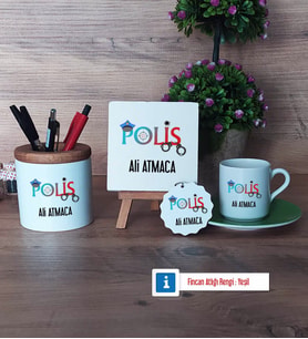 Polis Hediye Seti Dekoratif Taş, Kalemlik, Ahşap Altlıklı Türk Kahvesi Fincanı, Ahşap Anahtarlık Hediye (Model 9)