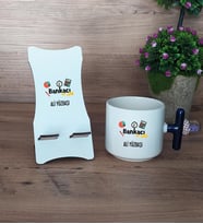 Bankacı Hediye Sepeti Kupa Bardak T Kulplu ve Ahşap Telefon Standı Bankacıya Hediye Bankacılar Günü Hediyesi (Model 2)