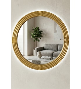 Led'li Işıklı Safir Ahşap Dekoratif Ayna Yuvarlak Ayna Işlemeli Duvar Aynası Tekli - 43 Cm (Gold)