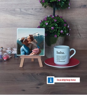 Babaya Hediye Fotoğraflı Dekoratif Taş, Ahşap Altlıklı Türk Kahvesi Fincanı Hediye (Model 3)