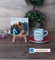 Babaya Hediye Fotoğraflı Dekoratif Taş, Ahşap Altlıklı Türk Kahvesi Fincanı Hediye (Model 3)