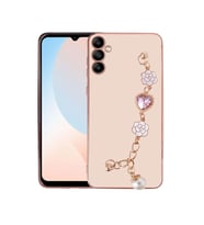 Samsung Galaxy A24 Kılıf El Askılı Tutamaçlı Kamera Korumalı Renkli Gold Kenar Silikon Kapak (Pembe)