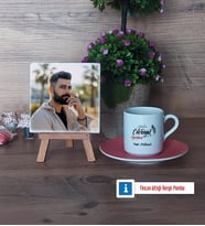 Edebiyat Öğretmeni Fotoğraflı Dekoratif Taş, Ahşap Altlıklı Türk Kahvesi Fincanı Hediye Öğretmenler Günü Hediyesi (Model 6)