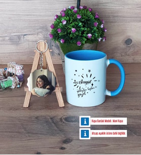 Doğum Günü Hediyesi Kupa Bardak Beyaz ve Fotoğraflı Ahşap Anahtarlık Hediye (Model 4)