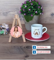 Baykuş Türk Kahvesi Fincanı Ahşap Altlıklı ve Fotoğraflı Ahşap Anahtarlık Hediye (Model 3)