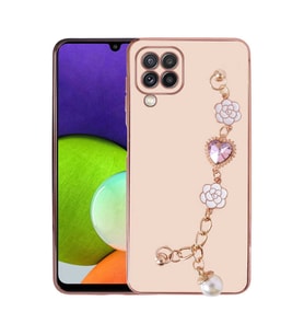 Samsung Galaxy A12 Kılıf El Askılı Tutamaçlı Kamera Korumalı Renkli Gold Kenar Silikon Kapak (Pembe)