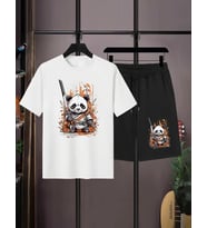 AMOR MAN ÖZEL TASARIM KUNG FU SAVAŞÇI PANDA BASKILI JAPON STİL ERKEK T-SHIRT ŞORT TAKIMI (Beyaz)