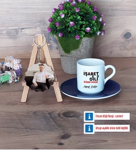 İşaret Dili Öğretmeni Türk Kahvesi Fincanı Ahşap Altlıklı ve Fotoğraflı Ahşap Anahtarlık Hediye (Model 4)