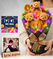 Doğum Günü Hediyesi Kişiye Özel Fotoğraflı Renkli LED Işıklı Peluş Ayıcık Buketi (Kahve)