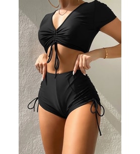 Angelsin Özel tasarım Yarım Kol Büzgü Detaylı Bikini Takım (Siyah)