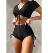 Angelsin Özel tasarım Yarım Kol Büzgü Detaylı Bikini Takım (Siyah)