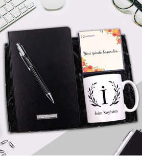 Kişiye Özel Kupa & Siyah Defter &Gümüş Renk Detaylı Tükenmez Kalem Hediye Seti (Siyah)