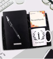Kişiye Özel Kupa & Siyah Defter &Gümüş Renk Detaylı Tükenmez Kalem Hediye Seti (Siyah)