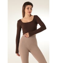 DoReMi Seamless Straplez Uzun Kollu Fitilli Büstiyer (Koyu Kahverengi)