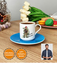 Kişiye Özel Karikatürlü Asker Türk Kahvesi Fincanı Askere Hediye Asker Sevgiliye Hediye (Mavi)