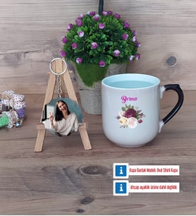 İsme Özel Doğum Günü Hediyesi Kupa Bardak Beyaz ve Fotoğraflı Ahşap Anahtarlık Hediye (Model 10)